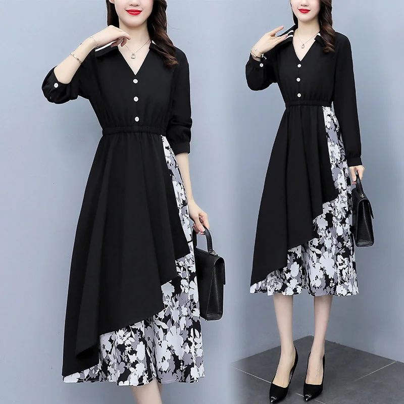 NiDELL . Spring and Autumn Print Stitching Elastic Waist Long Sleeve Large Size Women's Clothing V-neck Swing High Slimming Pullover Dress Wrist Length Sleeve NiDELL . Spring and Autumn Print Stitching Elastic Waist Long Sleeve Large Size Women's Clothing V-neck Swing High Slimming Pullover Dress Wrist Length Sleeve