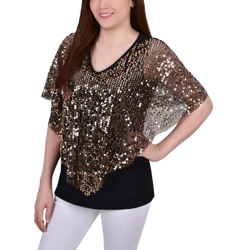 NY Collection Womens Petites Sequined Poncho Pullover Top Bell Sleeve Stylish