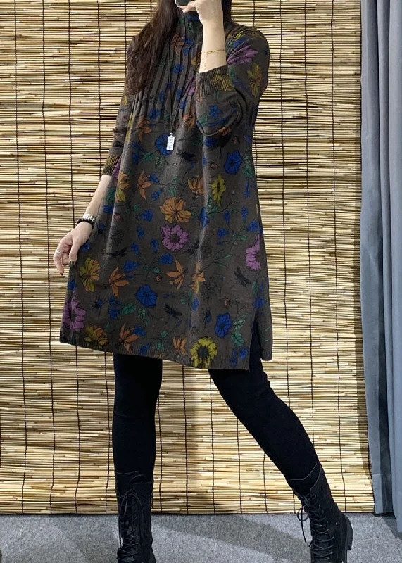 Plus Size Chocolate Turtleneck Print side open Fall Floral Knit Sweater Cotton Fabric Linen Fabric Terry Fabric Plus Size Chocolate Turtleneck Print side open Fall Floral Knit Sweater Cotton Fabric Linen Fabric Terry Fabric