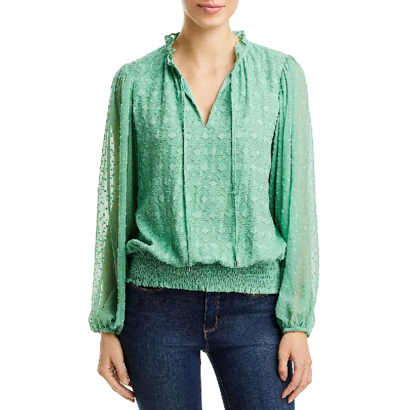 Tahari Womens   Clip Dot Smocked Waist Pullover Top Fleece Warm Pullover