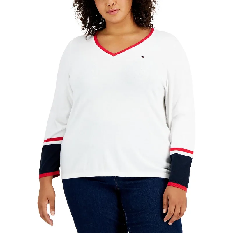 Tommy Hilfiger Womens Plus V-Neck Striped Trim Pullover Sweater Over Sleeve Pullover Tommy Hilfiger Womens Plus V-Neck Striped Trim Pullover Sweater Over Sleeve Pullover