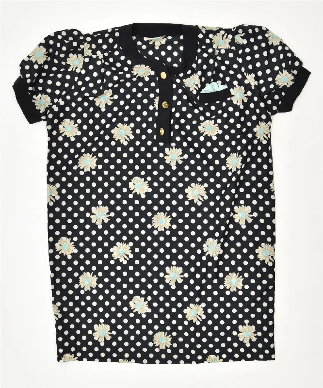 VINTAGE Womens Pullover Shirt Dress IT 48 XL Black Polyester Flower Bardot Neck Top