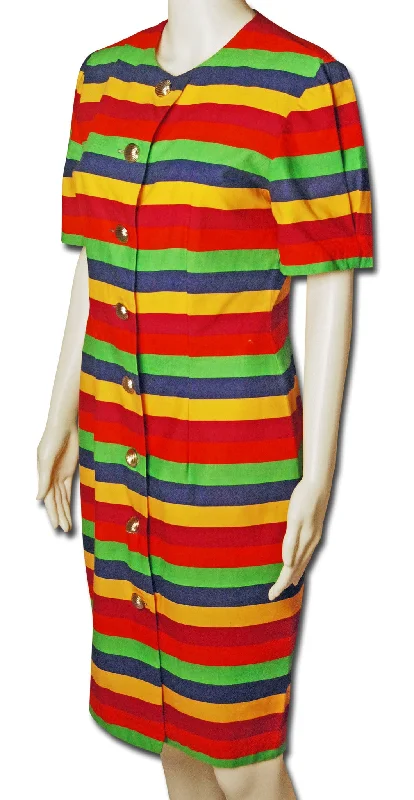 Shapely 1980s Colorful Striped Cotton Dress
