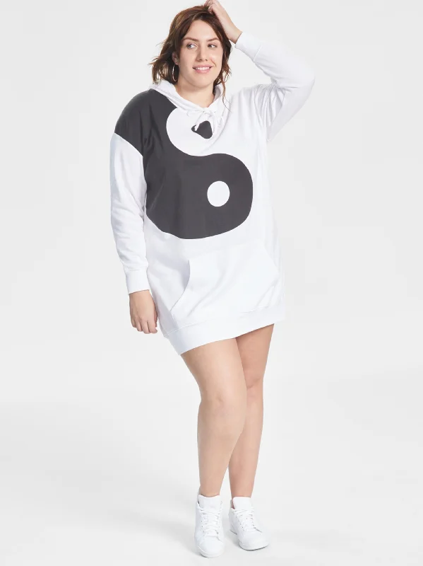 Women's Printed Sweatshirt Dress,Black/White Hoodie with Metallic Shiny Futuristic