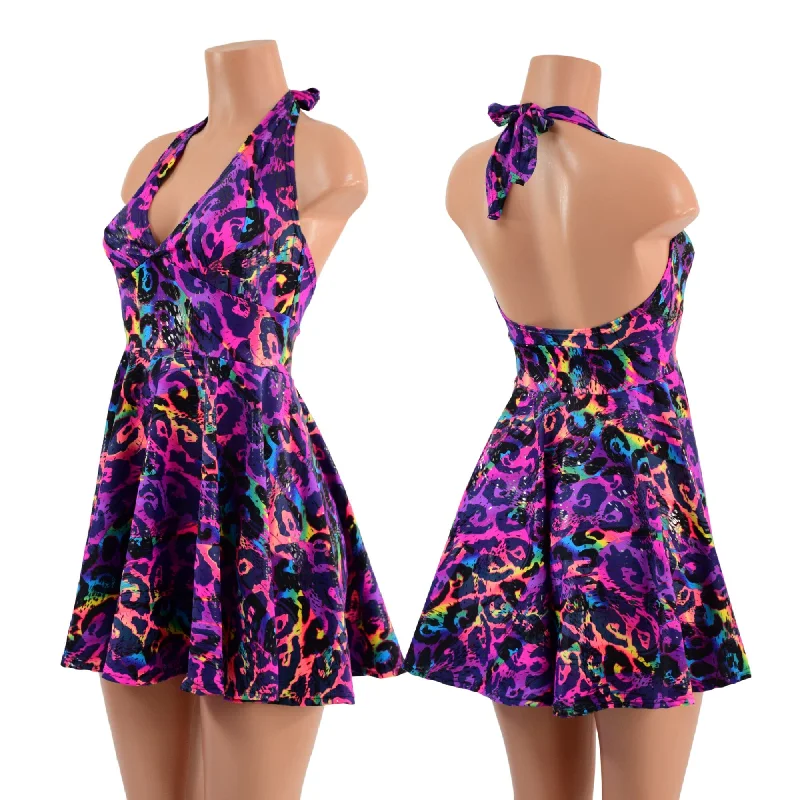 Rainbow Leopard UV Glow Halter Skater Dress