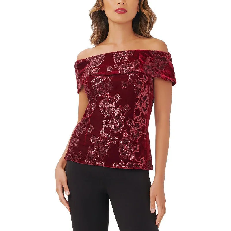 Adrianna Papell Womens Velvet Sequined Pullover Top Peter Pan Collar