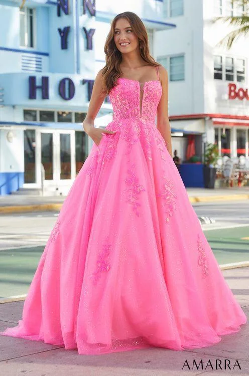 Amarra 88574 Long Sheer Sequin Lace Corset A Line Ball Gown Prom Dress Pockets Shimmer