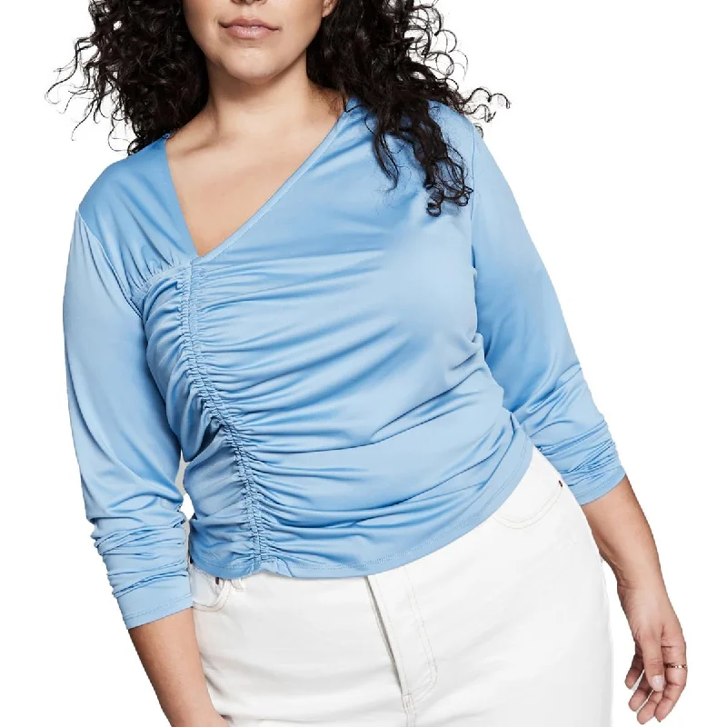 And Now This Womens Plus Ruched Gathered Pullover Top V-Neck Stylish Pullover