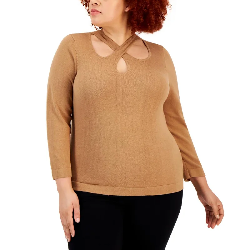 Anne Klein Womens Plus Knit Crossover Pullover Sweater Cable Knit Chunky