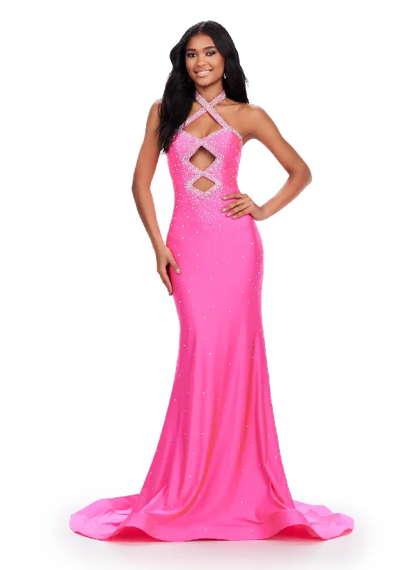 Ashley Lauren 11578  Long Prom Dress Mermaid Jersey Cut Outs Press On Stones Formal Pageant Gown