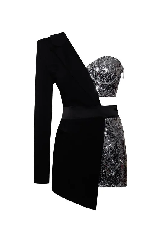 Asymmetric One Sleeve Sequin Embellished Cutout Hybrid Blazer Romper Women's Vintage Suit Asymmetric One Sleeve Sequin Embellished Cutout Hybrid Blazer Romper Women's Vintage Suit
