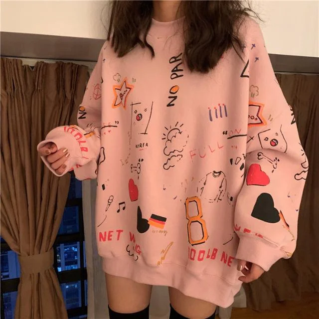 Autumn and Winter Korean Version of Loose Long-sleeved Graffiti Printing Retro Pullover Sweater Women's Casual All-match Jacket Appliqued Jacket Beaded Jacket Sequined Jacket Autumn and Winter Korean Version of Loose Long-sleeved Graffiti Printing Retro Pullover Sweater Women's Casual All-match Jacket Appliqued Jacket Beaded Jacket Sequined Jacket