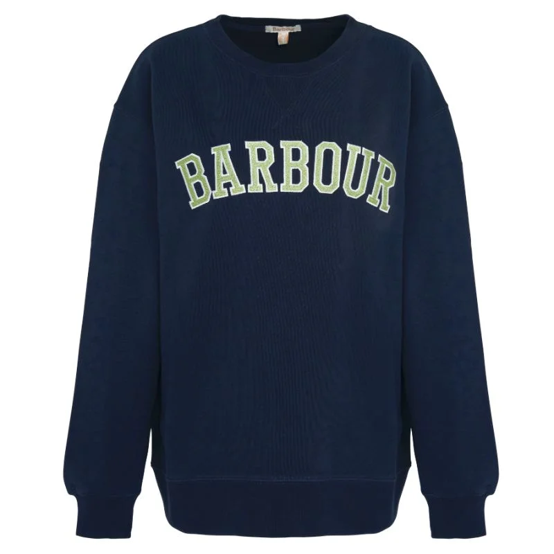 Barbour Northumberland Ladies Crew Neck Sweatshirt - Navy/Green Hoodie with Bell Sleeves Flared Feminine Barbour Northumberland Ladies Crew Neck Sweatshirt - Navy/Green Hoodie with Bell Sleeves Flared Feminine
