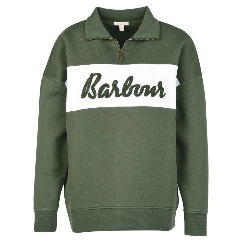 Barbour Otterburn Ladies 1/4 Zip Sweatshirt - Olive/White Hoodie with Thumb Holes Functional Cozy Barbour Otterburn Ladies 1/4 Zip Sweatshirt - Olive/White Hoodie with Thumb Holes Functional Cozy