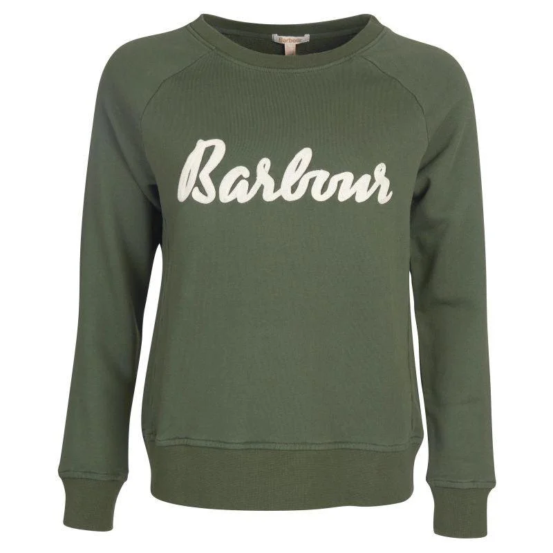 Barbour Otterburn Ladies Sweatshirt - Olive Hoodie with Hem Applique Textured Unique Barbour Otterburn Ladies Sweatshirt - Olive Hoodie with Hem Applique Textured Unique