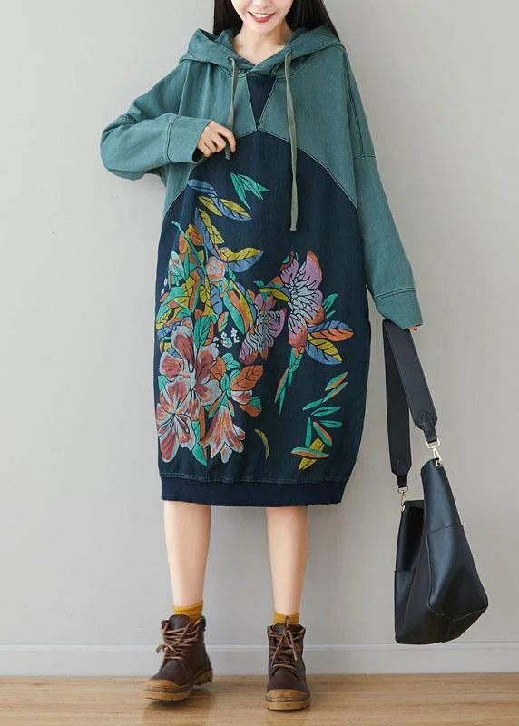 Beautiful Blue Hooded Pockets Drawstring Print Fall Sweatshirts Dress Hoodie with Zipper Placket Modern Functional Beautiful Blue Hooded Pockets Drawstring Print Fall Sweatshirts Dress Hoodie with Zipper Placket Modern Functional