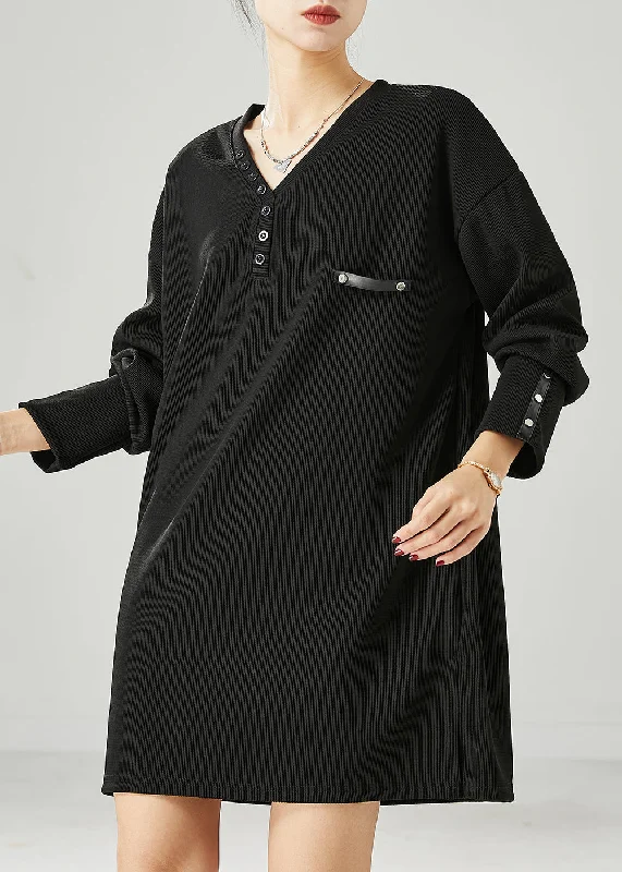 Black Cotton Loose Sweatshirt Dress V Neck Button Spring Zip Hoodie Drawstring Kangaroo Pocket Black Cotton Loose Sweatshirt Dress V Neck Button Spring Zip Hoodie Drawstring Kangaroo Pocket