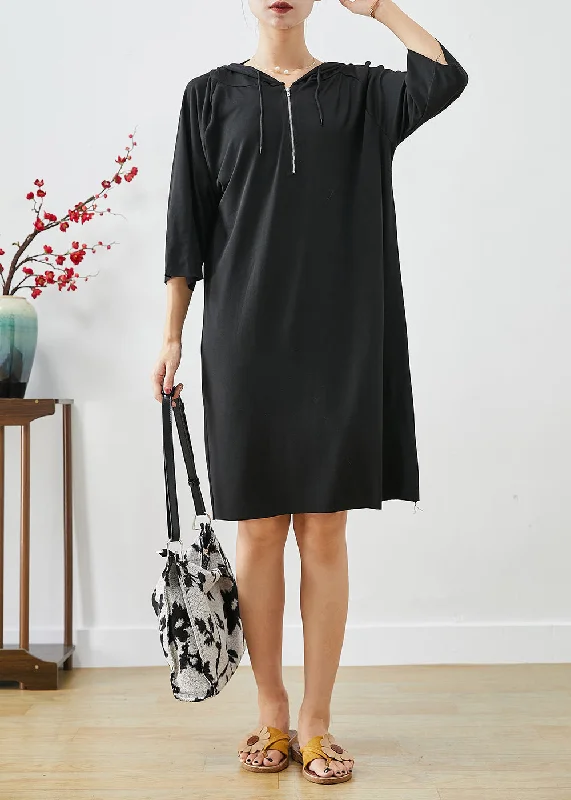 Black Cotton Loose Sweatshirts Dress Oversized Zippered Summer Hoodie with Ribbed Neckline Snug Warm Black Cotton Loose Sweatshirts Dress Oversized Zippered Summer Hoodie with Ribbed Neckline Snug Warm