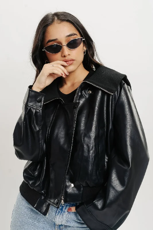Ribbed Collar - Biker Leather Jacket Snapped Jacket Toggled Jacket Drawstring Jacket