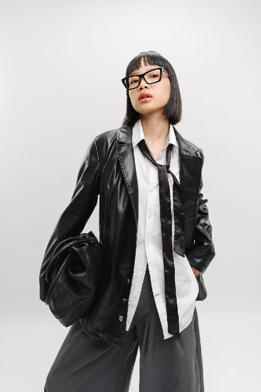 Seoul Y2K Black Leather Jacket Appliqued Jacket Beaded Jacket Sequined Jacket