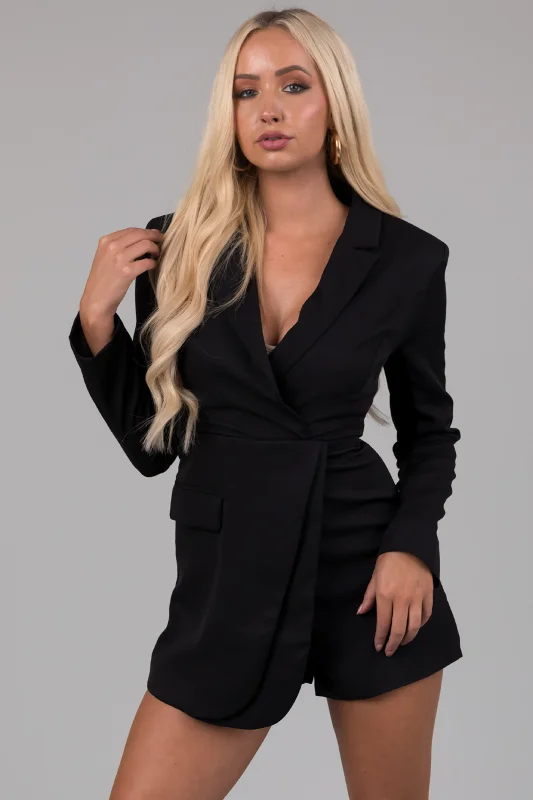 Black Long Sleeve Collared Blazer Romper Women's Solid Blazer