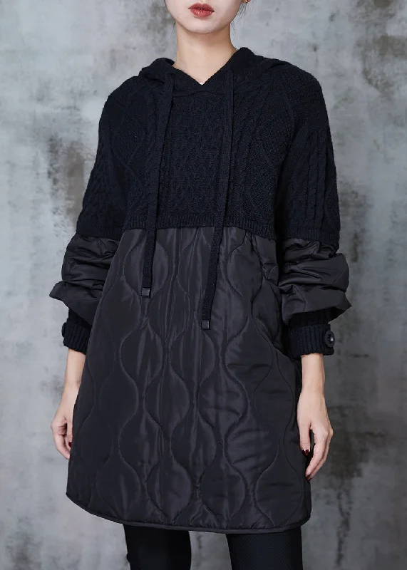 Black Patchwork Knit Cotton Filled Sweatshirt Dress Hooded Spring Hoodie with Hem Fringe Bohemian Relaxed