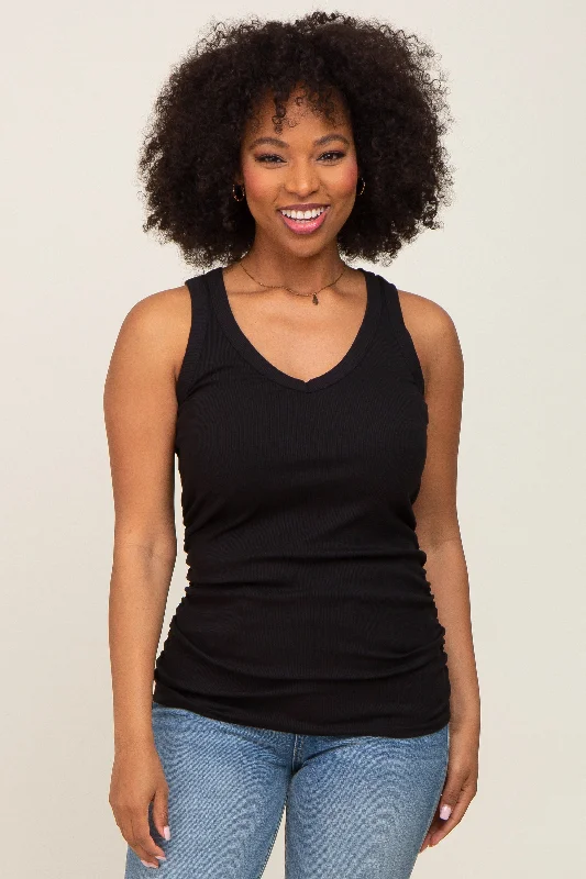 Black Ribbed Sleeveless Ruched Tank Top open back tank
