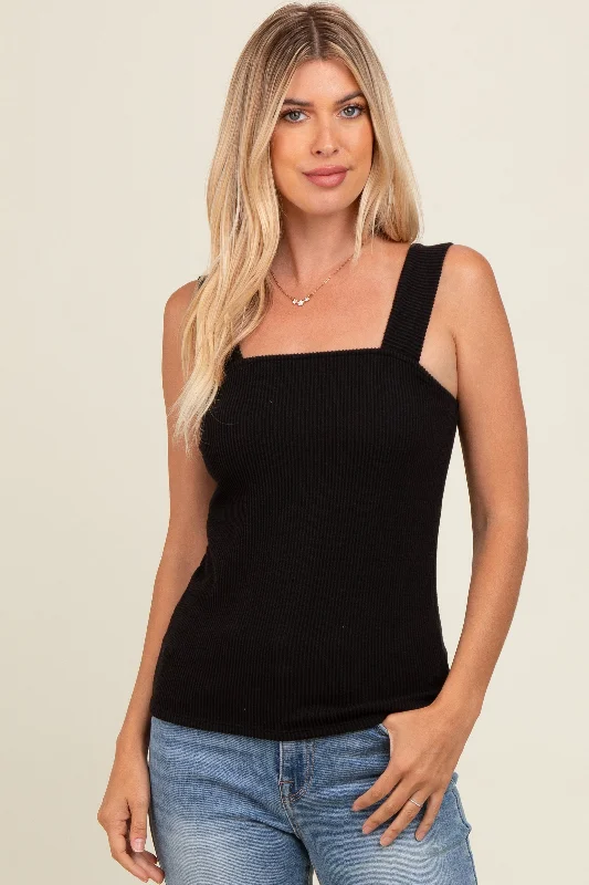 Black Ribbed Square Neck Tank Top breathable tank top