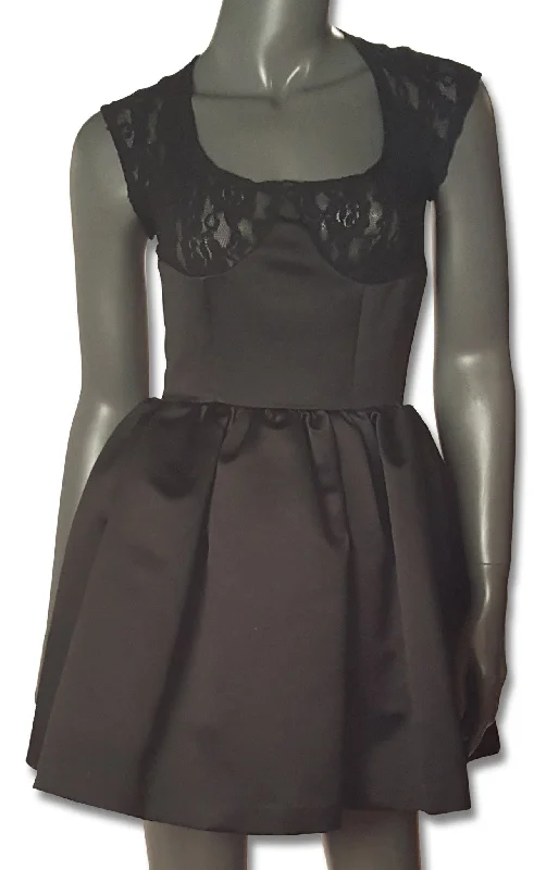 Black Satin & Lace 1980s Skater Dress