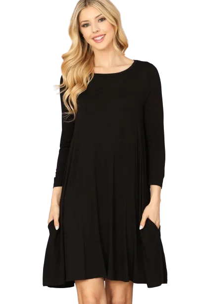 Black Solid Boat Neck Quarter Sleeve Side Pocket Dress -  Pack of 4