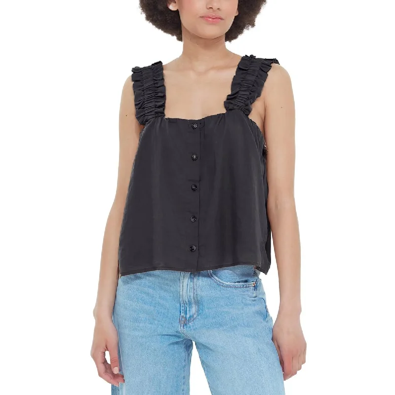 Black Tape_ Womens Ruffled Button Pullover Top Scalloped Neck Pullover