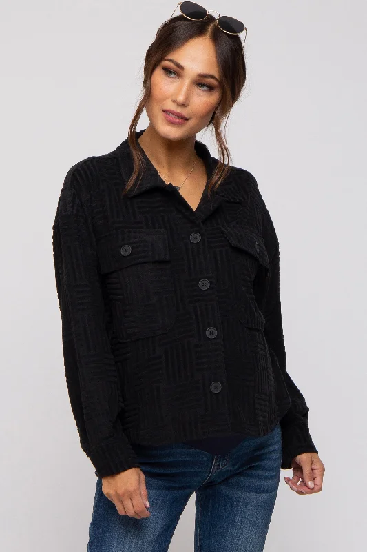 Black Velvet Textured Maternity Shirt Jacket Denim Jacket Leather Jacket Suede Jacket Black Velvet Textured Maternity Shirt Jacket Denim Jacket Leather Jacket Suede Jacket