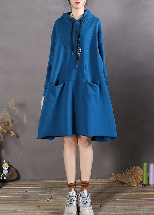 Blue drawstring Cotton Loose Sweatshirts dress Spring Hoodie with Monochrome Minimalist Simple Blue drawstring Cotton Loose Sweatshirts dress Spring Hoodie with Monochrome Minimalist Simple