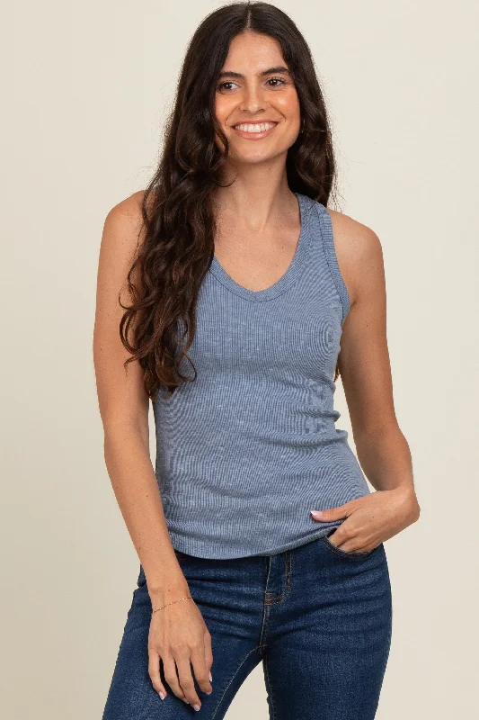Blue V-Neck Ribbed Tank Top flowy tank top