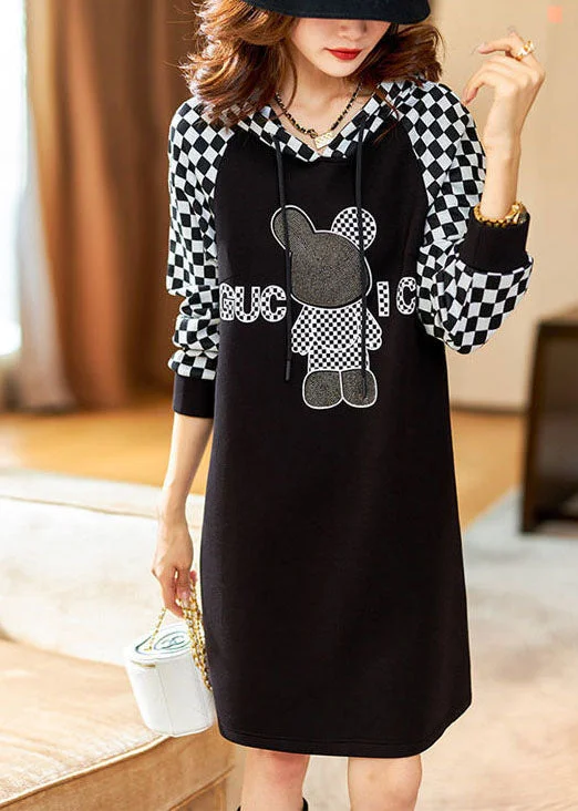 Boho Black Hooded Plaid Sweatshirt dress Winter Oversized Hoodie Comfort Casual