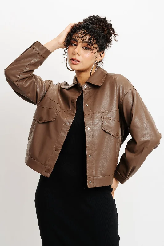 Brown Boxy Leather Jacket Fitted Jacket Loose Jacket Oversized Jacket