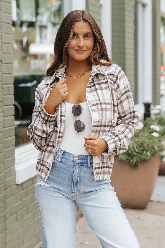 Brown Plaid Hooded Zip Up Jacket Notch Collar Peter Pan Collar Cowl Neck