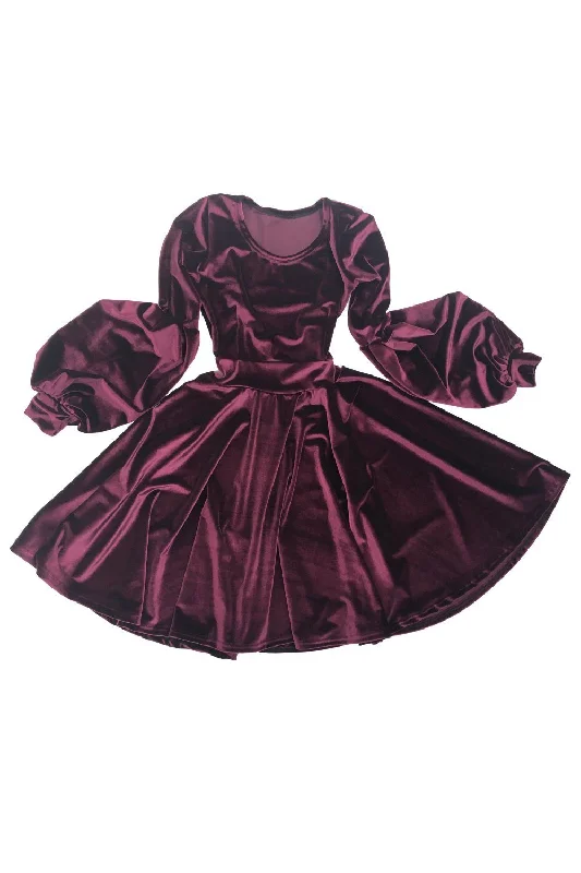 Burgundy Velvet Lantern Sleeve Skater Dress