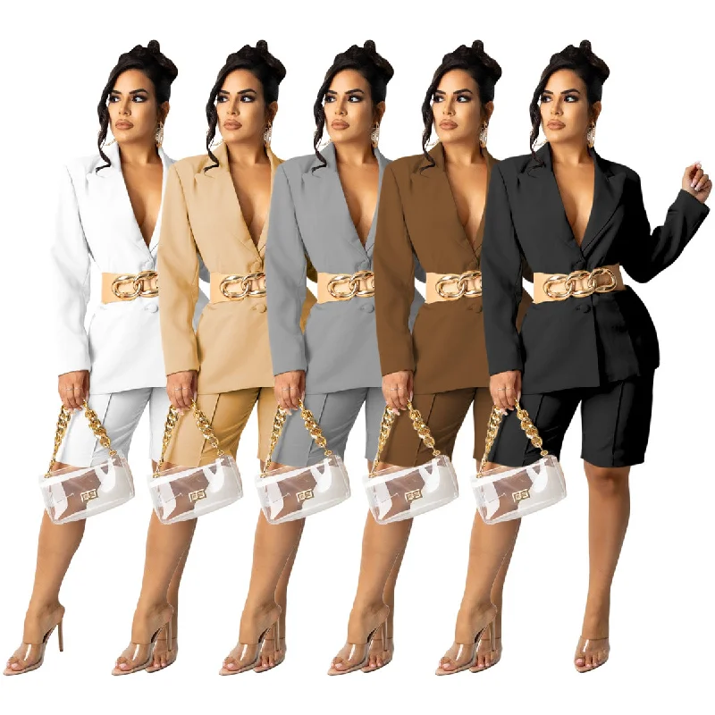 C1104TA3 Office Style Casual Solid Color Blazer Coat Two Piece Shorts Set Women Sehe Fashion Women's High-End Blazer C1104TA3 Office Style Casual Solid Color Blazer Coat Two Piece Shorts Set Women Sehe Fashion Women's High-End Blazer