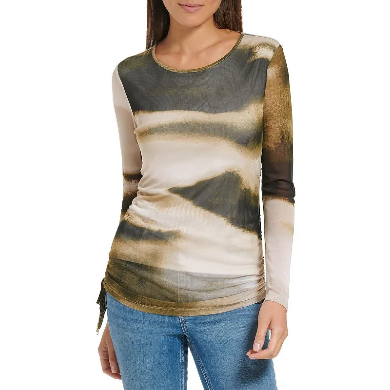 Calvin Klein Womens Printed Mesh Pullover Top One Shoulder Top