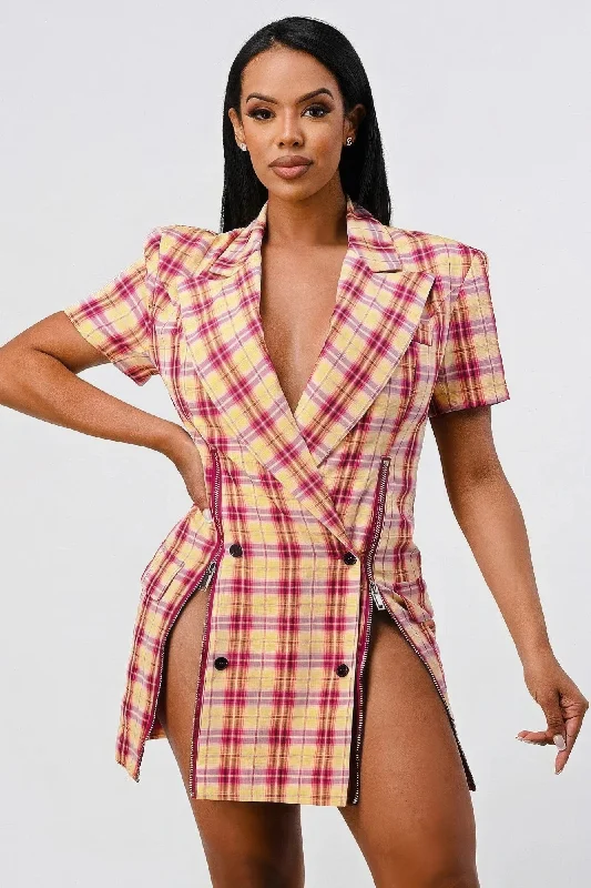 Wide Collared Double Breasted Plaid Blazer Mini Dress Women's Boutique Suit