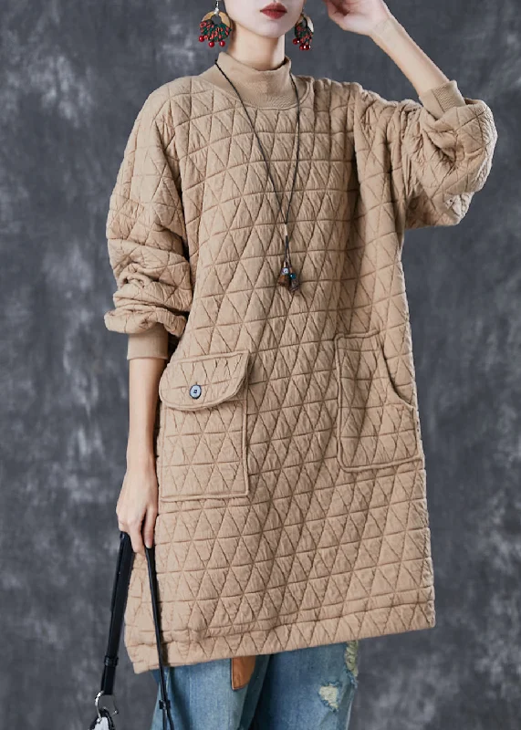 Casual Khaki Stand Collar Pockets Fine Cotton Filled Loose Sweatshirt Dress Winter Hoodie with Hem Embroidery Detailed Premium Casual Khaki Stand Collar Pockets Fine Cotton Filled Loose Sweatshirt Dress Winter Hoodie with Hem Embroidery Detailed Premium