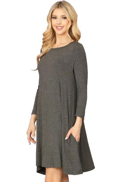 Charcoal Solid Boat Neck Quarter Sleeve Side Pocket Dress -  Pack of 4