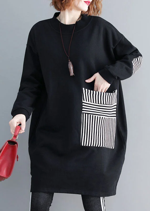Chic Black Pockets Patchwork Warm Fleece Sweatshirts dress Winter Hoodie with Relaxed Fit Easy Casual Chic Black Pockets Patchwork Warm Fleece Sweatshirts dress Winter Hoodie with Relaxed Fit Easy Casual