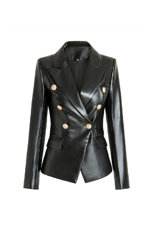 Chic Lapel Collar Long Sleeve Double Breasted Tailored Faux Leather Blazer Women's High-End Blazer Chic Lapel Collar Long Sleeve Double Breasted Tailored Faux Leather Blazer Women's High-End Blazer