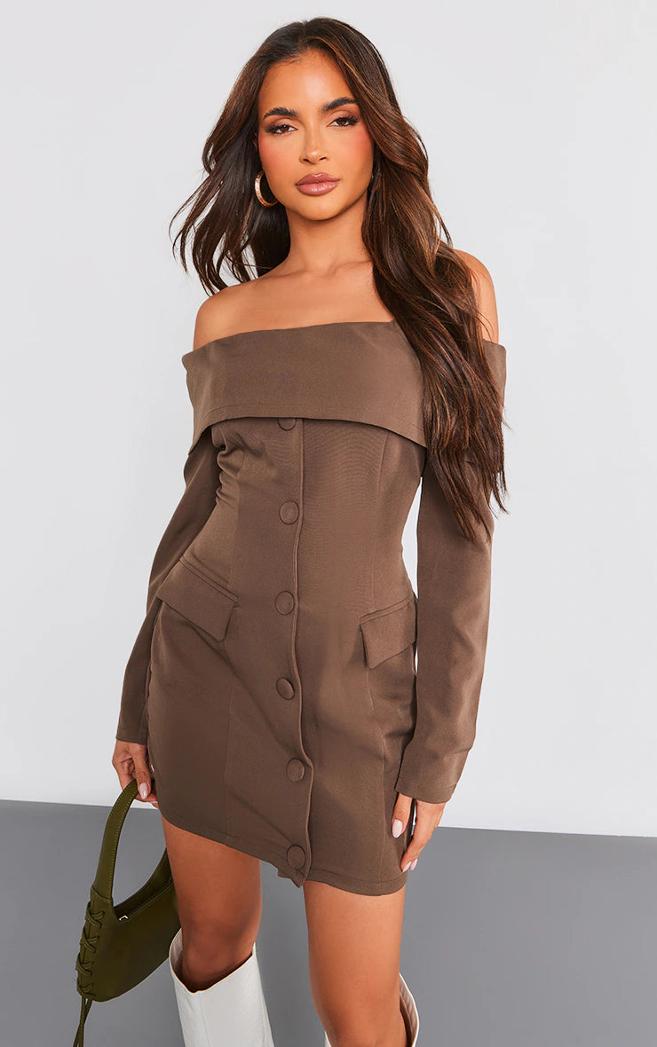 Chocolate Off Shoulder Button Front Shift Blazer Dress Women's Luxurious Suit
