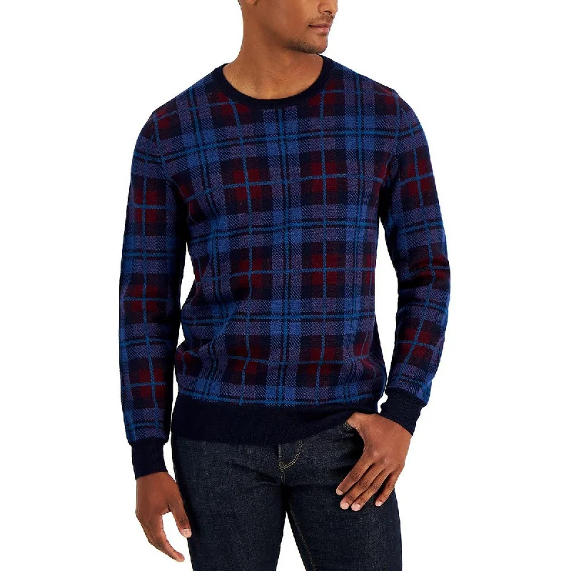 Club Room Mens Merino Wool Blend Plaid Pullover Sweater Flare Sleeve Stylish