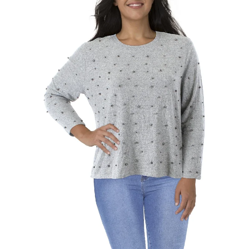 Coin 1804 Womens Plus Heathered Beaded Pullover Sweater Cap Sleeve Casual