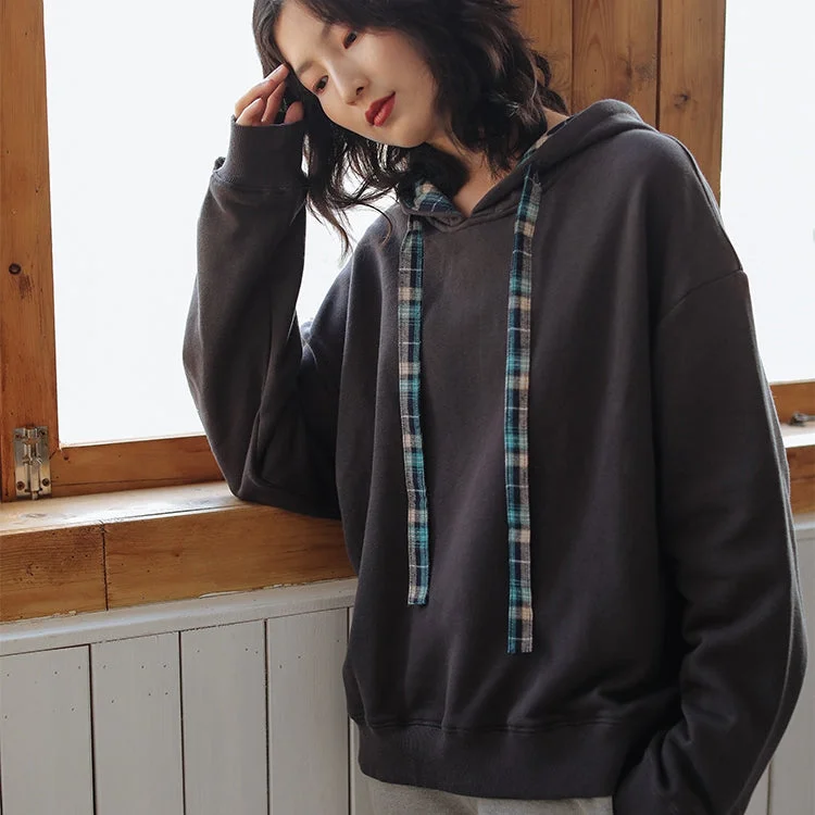 Cotton Hooded Sweatshirt, Pullover Hoodie for Women, Long Sleeve Dark Grey Fleece Hoodie with Button Placket Classic Preppy Cotton Hooded Sweatshirt, Pullover Hoodie for Women, Long Sleeve Dark Grey Fleece Hoodie with Button Placket Classic Preppy