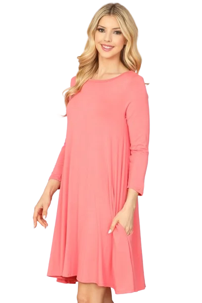 Coral Solid Boat Neck Quarter Sleeve Side Pocket Dress -  Pack of 4